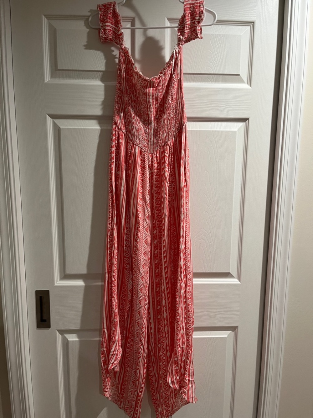 Coral-Pink Printed Smocked Romper with Ruffle Straps